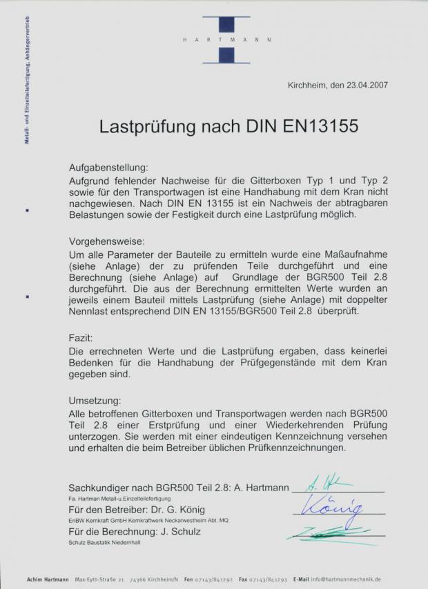Zertifikat zur Lastprüfung nach DIN EN 13155